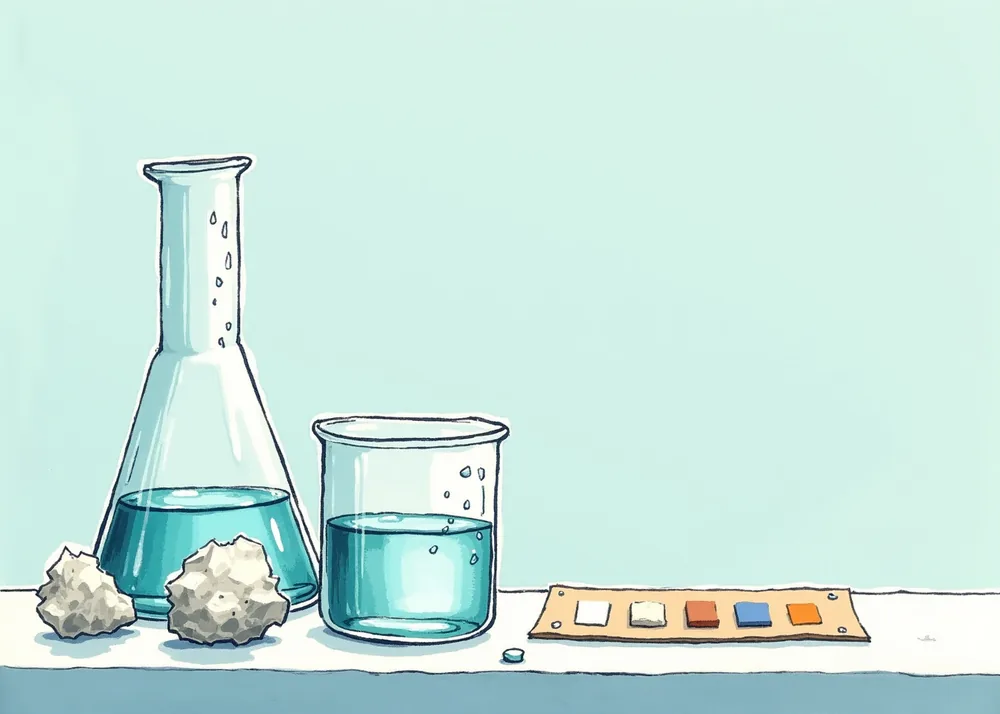 Laboratory glassware with tap water, mineral crystals and a test strip